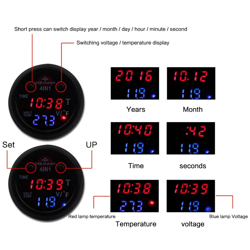 Car USB Charger 2.1A, Thermometer Battery Digital Monitor Voltmeter, Calendar Datetime Clock Display 12V