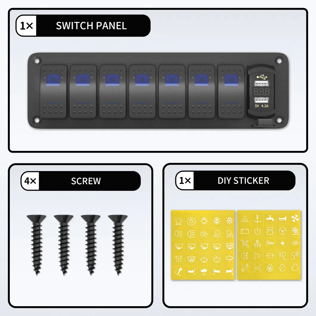 8 Gang Switch Panel, 7*Dual LED on-off Rocker Switch+1*USB Socket