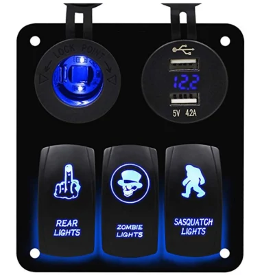 3 Gang Blue Rocker Switch Panel with Dual USB and Power Charger Socket for Marine Boat Car RV